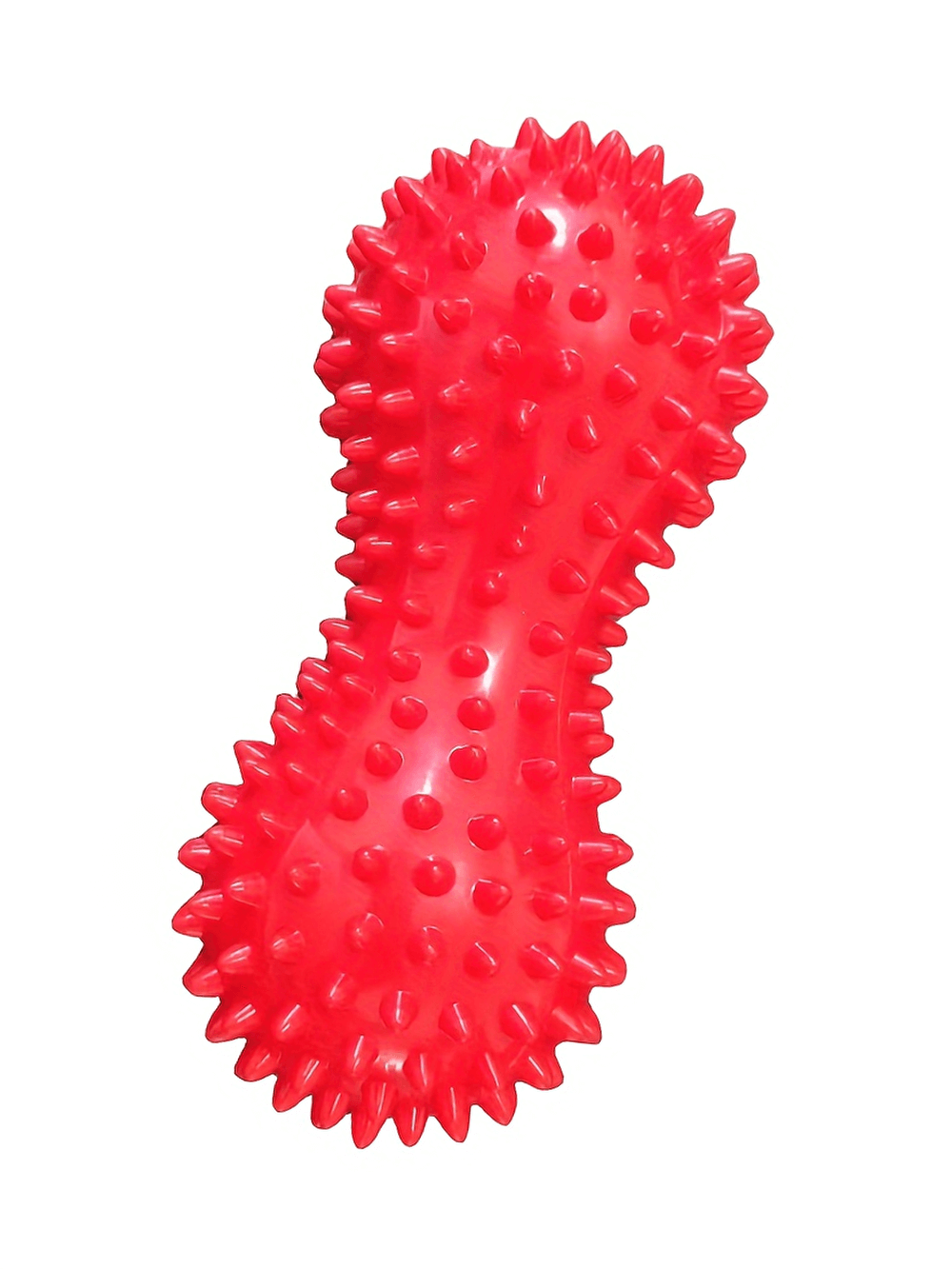 Red peanut-shaped spiky massage ball for deep tissue and muscle relief, promoting flexibility and recovery in yoga and fitness.