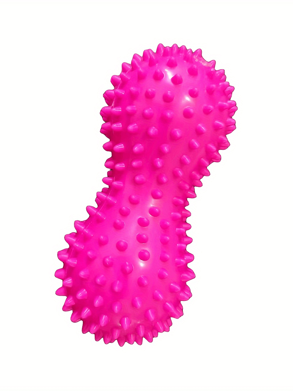 Pink peanut-shaped massage ball with spikes for deep tissue muscle relief, promoting circulation and flexibility. Ideal for fitness and yoga.