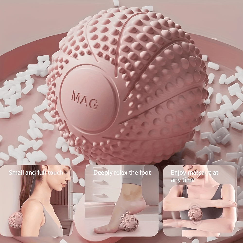 Spiky massage ball for deep tissue relief and recovery with images of usage for feet, back, and shoulders. Ideal for muscle tension release.