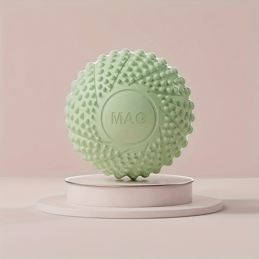 Spiky green massage ball for deep tissue relief, designed to target muscle knots and improve flexibility. Ideal for post-workout recovery.