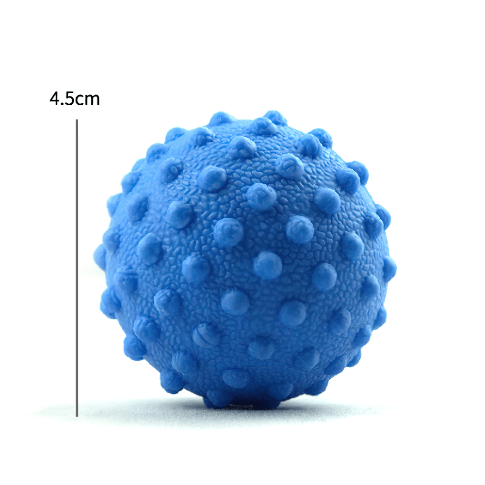 Blue spiky massage ball measuring 4.5cm for deep muscle relaxation and trigger point therapy.