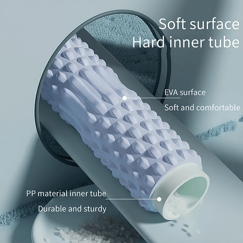 EVA foam massage roller with textured surface for deep tissue muscle relief and flexibility, durable inner tube, shown in soft hues.