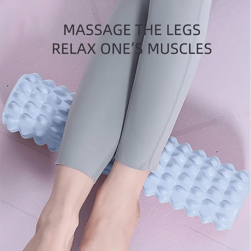 Person using blue foam massage roller on legs for muscle relief and flexibility, text reads 'Massage the Legs, Relax One's Muscles'.