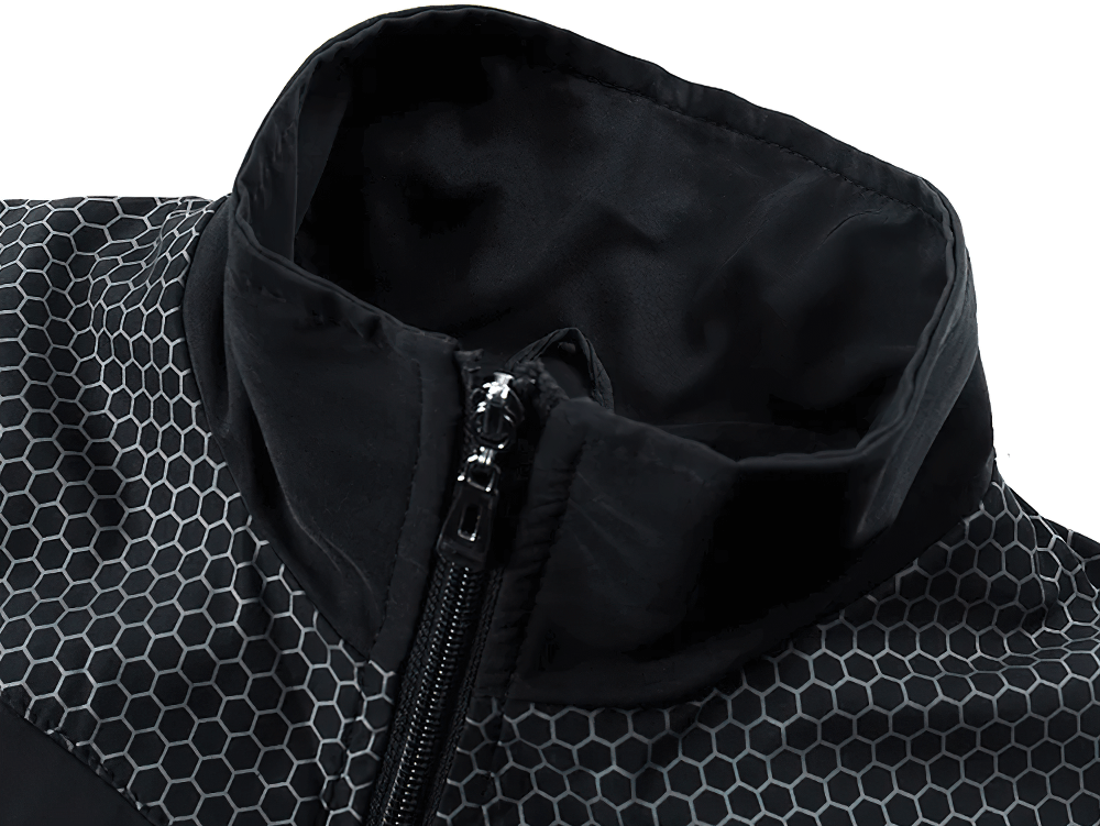 Close-up of T90 men's tracksuit jacket with mandarin collar, hexagon pattern, and full zip. SF2291 stylish active sportswear.