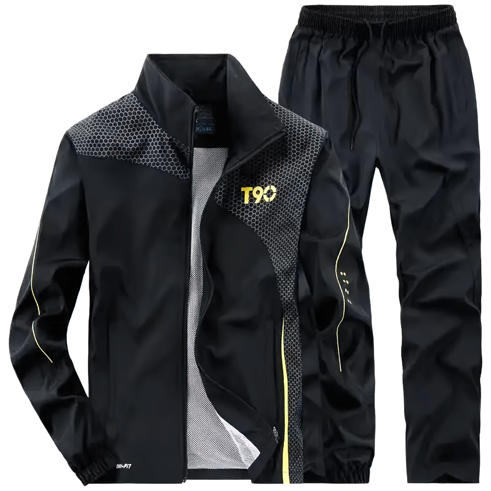 Men's Active Sports Tracksuit Set SF2291 with full zip, stylish patchwork design, perfect for running and basketball, in sleek black.