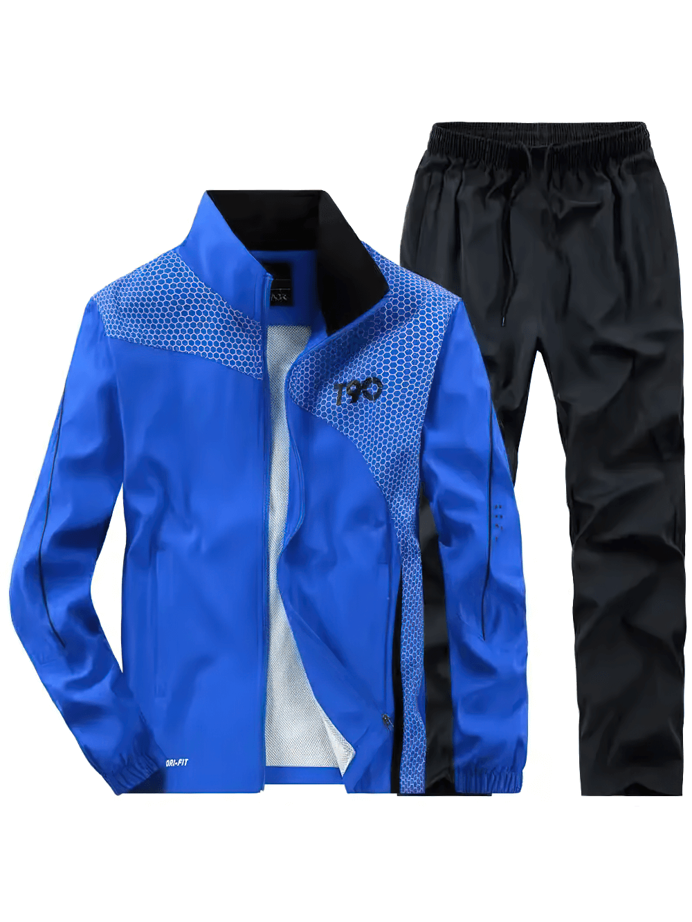 Men's blue and black sports tracksuit set with full-zip jacket and elastic-waist pants, featuring stylish patchwork and practical pockets.