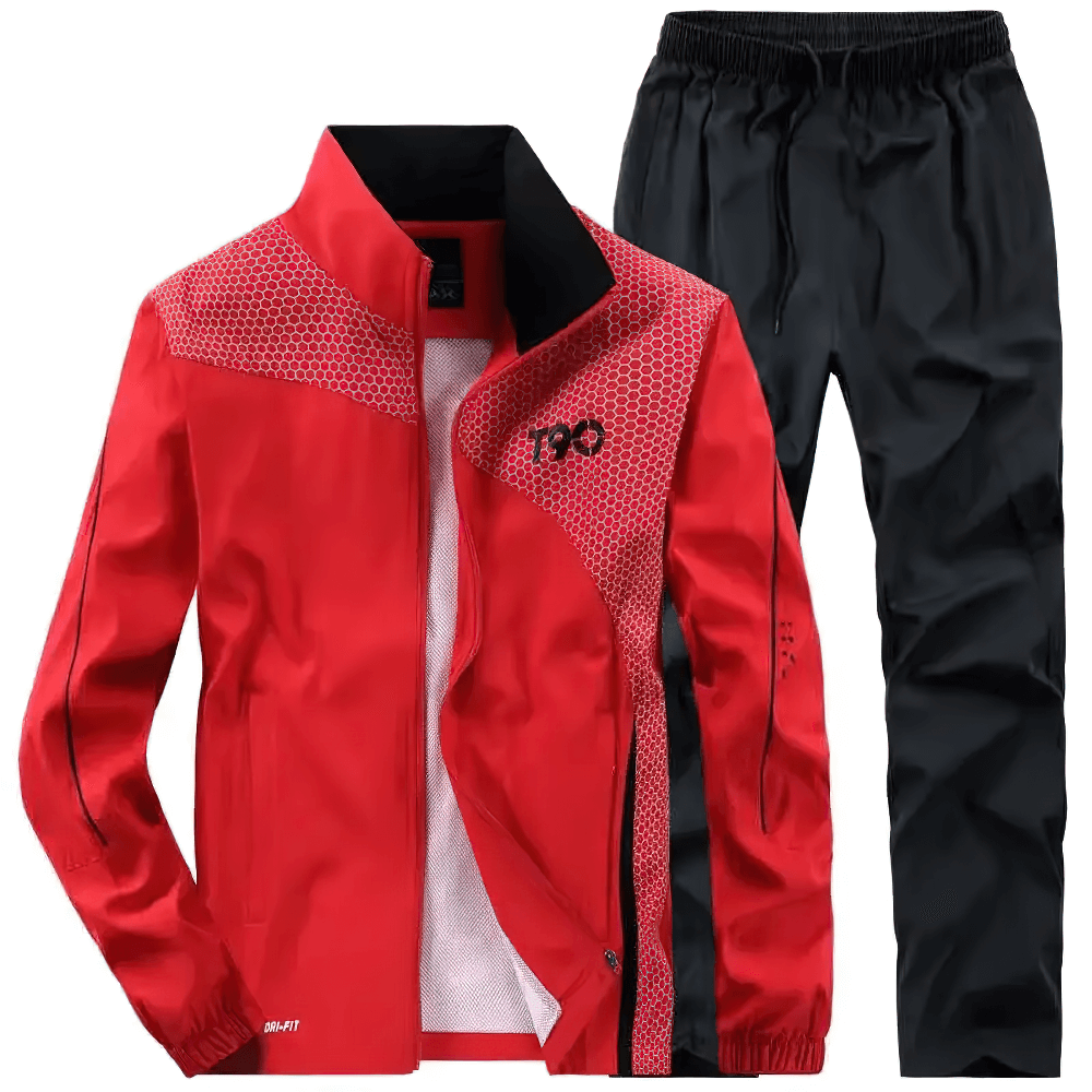 Men's T90 Sports Tracksuit Set SF2291 in red and black, featuring full-zip jacket, elastic waist pants, patchwork design for active wear.