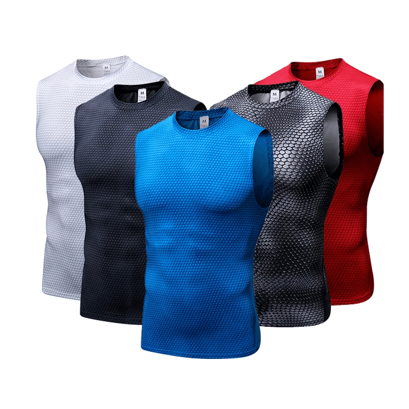 Men's Athletic Quick Dry Elastic Tank Tops in blue, gray, black, and red. Ideal for gym workouts with compression fit. Model SF2123.