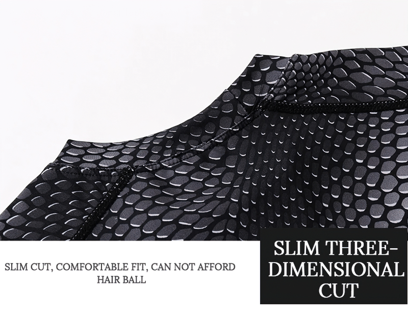 Close-up of a black gym tank top with a textured pattern and text highlighting slim, comfortable, and hair ball-resistant design.