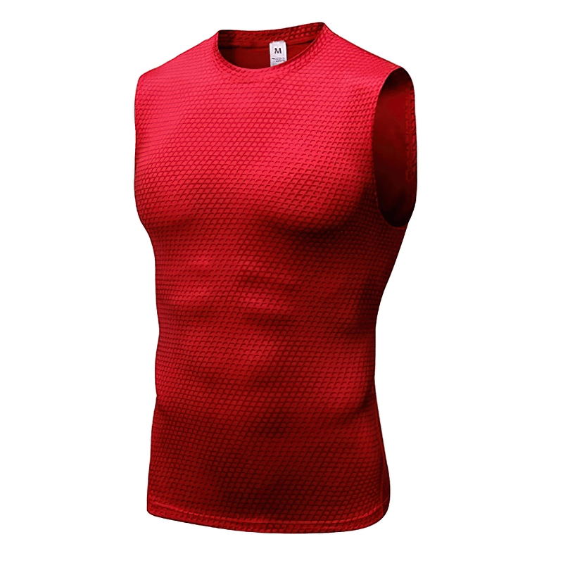 Men's red quick dry gym tank top, sleeveless compression fit, ideal for workouts. Polyester material with breathable design.