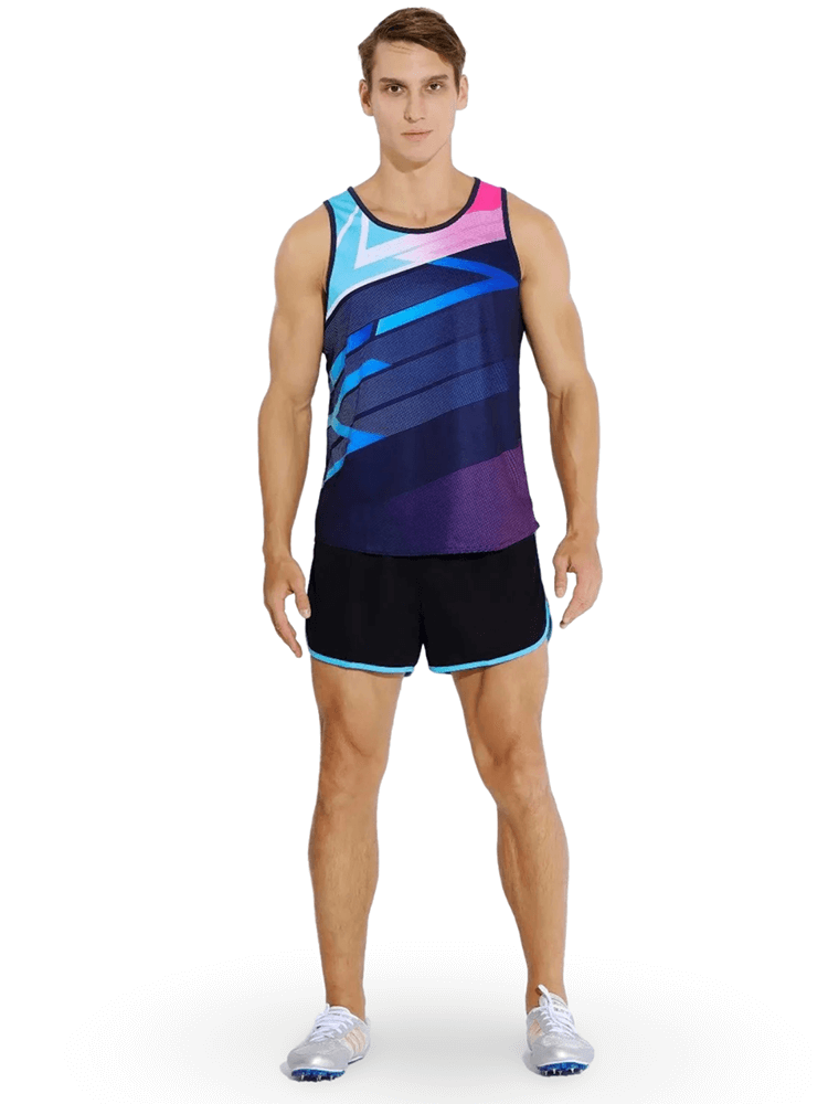 Men's athletic tank top and shorts set SF2053 - breathable running gear with vibrant dynamic print. Ideal for active workouts.