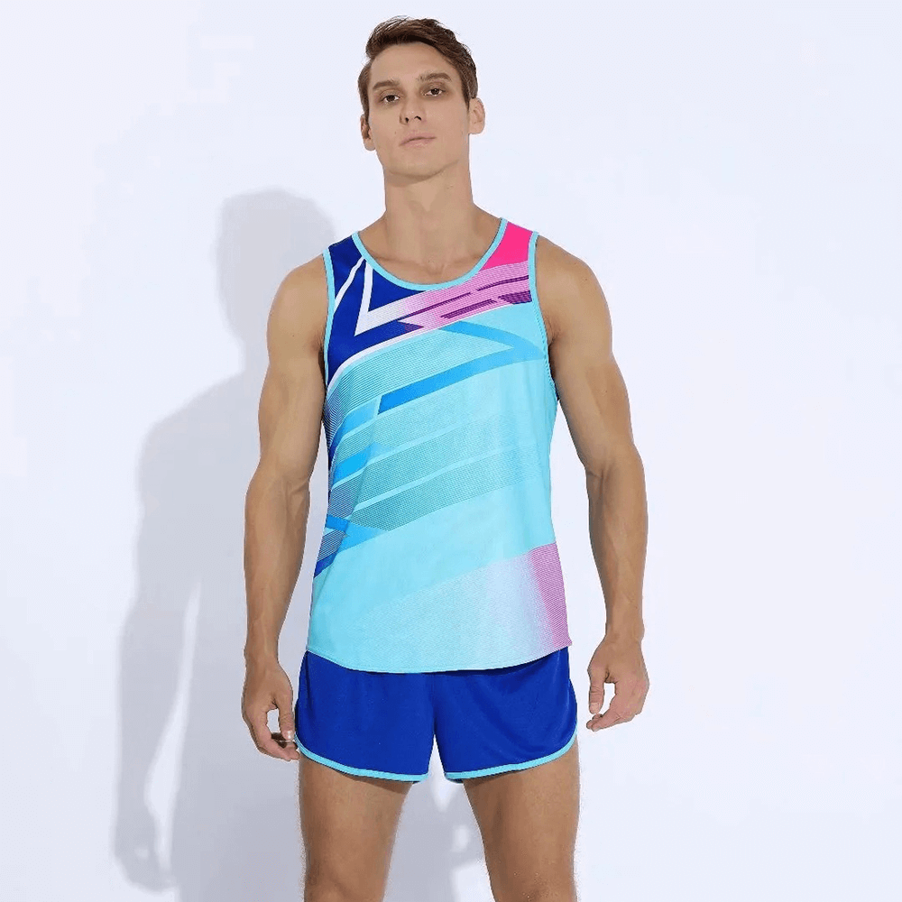 Men's athletic tank top and shorts set SF2053; breathable, moisture-wicking running gear; dynamic design; model standing.