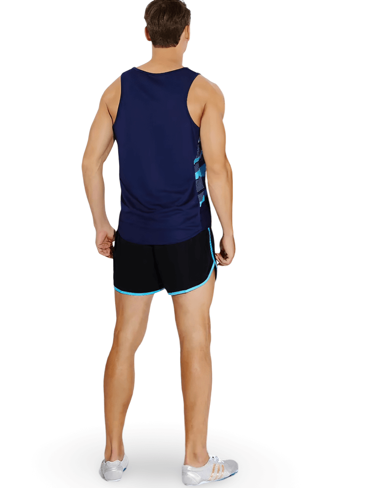 Man wearing navy Men’s Athletic Tank Top and Shorts Set, SF2053, designed for breathability, showcasing athletic style and comfort.