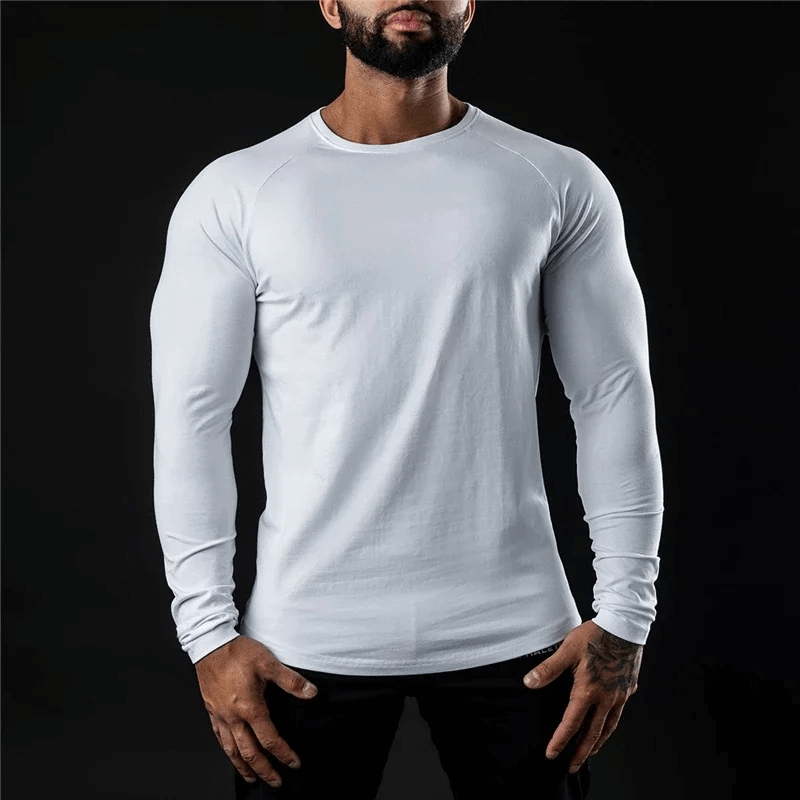 Men’s white cotton long sleeve workout top SF2195 for bodybuilding, offering flexibility, breathability, and sweat-wicking comfort.