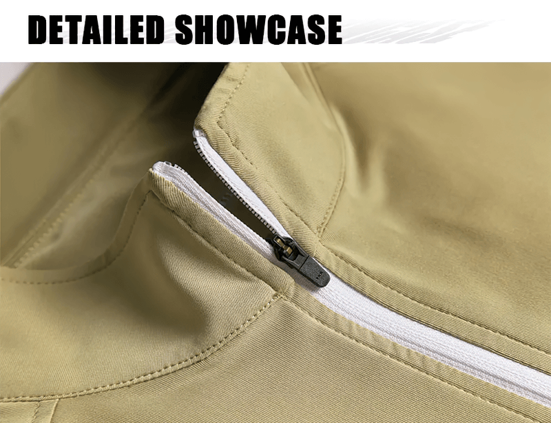 Close-up of a beige zipper on a Men's Elastic Breathable Running T-Shirt, showcasing the detailed craftsmanship and quality fabric.