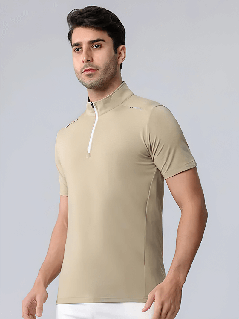 Men's elastic breathable running T-shirt SF2160 with zipper, ideal for gym and sports, in a muscle fit design.
