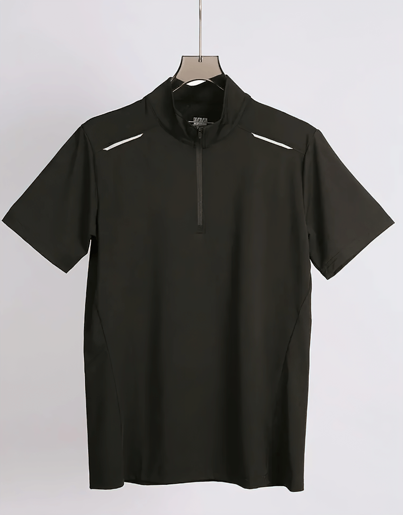 Men's elastic breathable running t-shirt in black with zipper, perfect for gym and sports, enhances muscle fit and comfort.