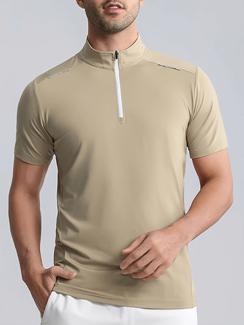 Men’s Elastic Breathable Running T-Shirt SF2160, sport-fit muscle shirt with zipper, perfect for gym and outdoor activities.