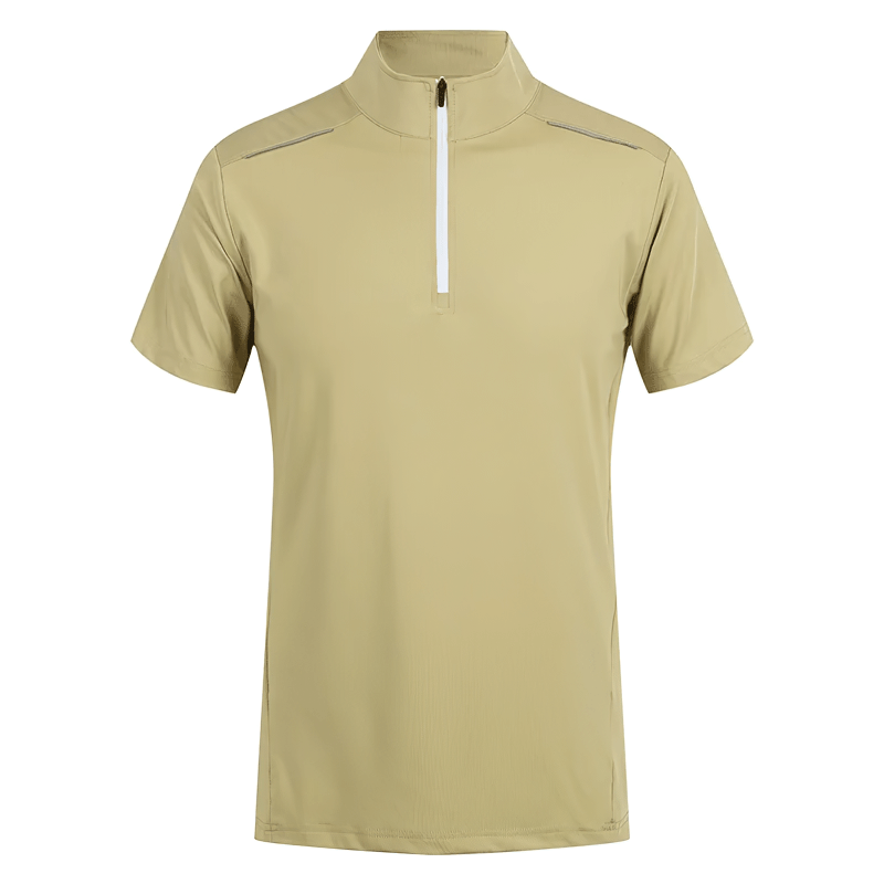 Khaki men's breathable gym shirt with zipper, ideal for jogging and sports. SF2160 elastic fit running T-shirt for optimal performance.