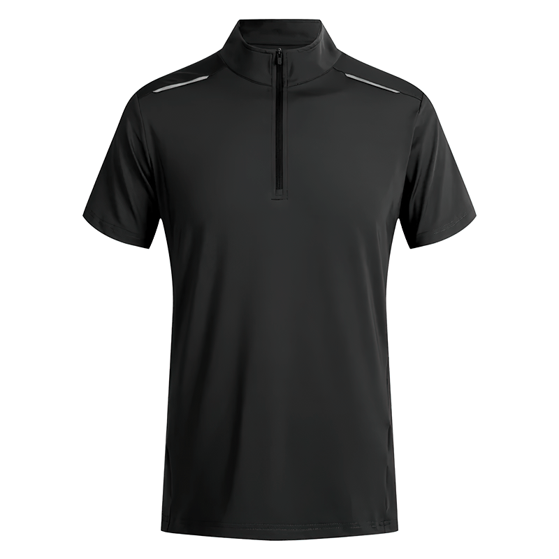 Men’s black elastic breathable running T-shirt with zipper, ideal for gym, jogging, and outdoor sports, providing optimal comfort.