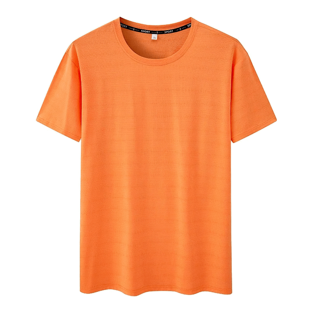 Men's lightweight orange activewear T-shirt with breathable polyester, O-neck, and quick-dry technology for outdoor sports.