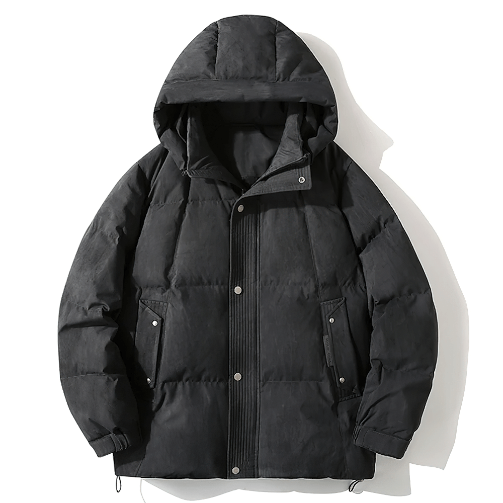 Men’s black lightweight duck down puffer jacket with hood, zip closure, perfect for winter streetwear style.