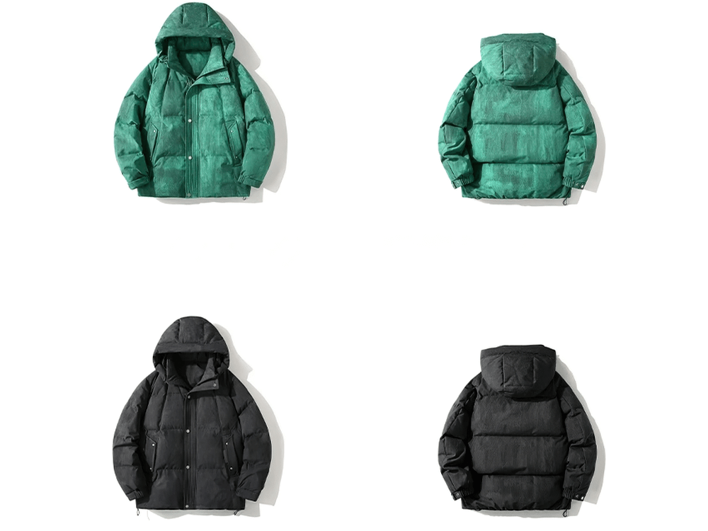 Men's lightweight duck down puffer jackets in green and black with hood, showcasing thick winter streetwear design and modern style.