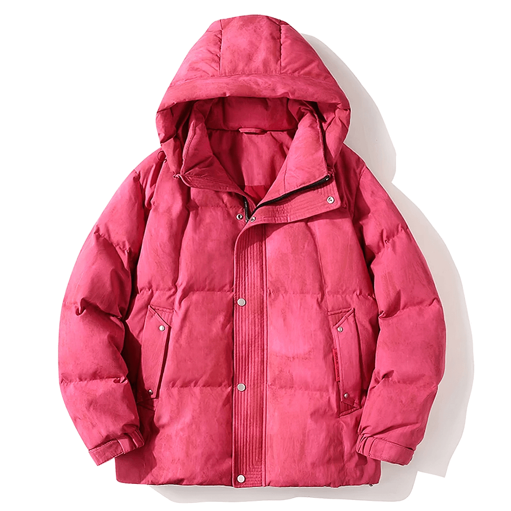 Men’s red lightweight duck down puffer jacket with hood, thick winter streetwear, 90% white duck down filling for warmth, zip closure.