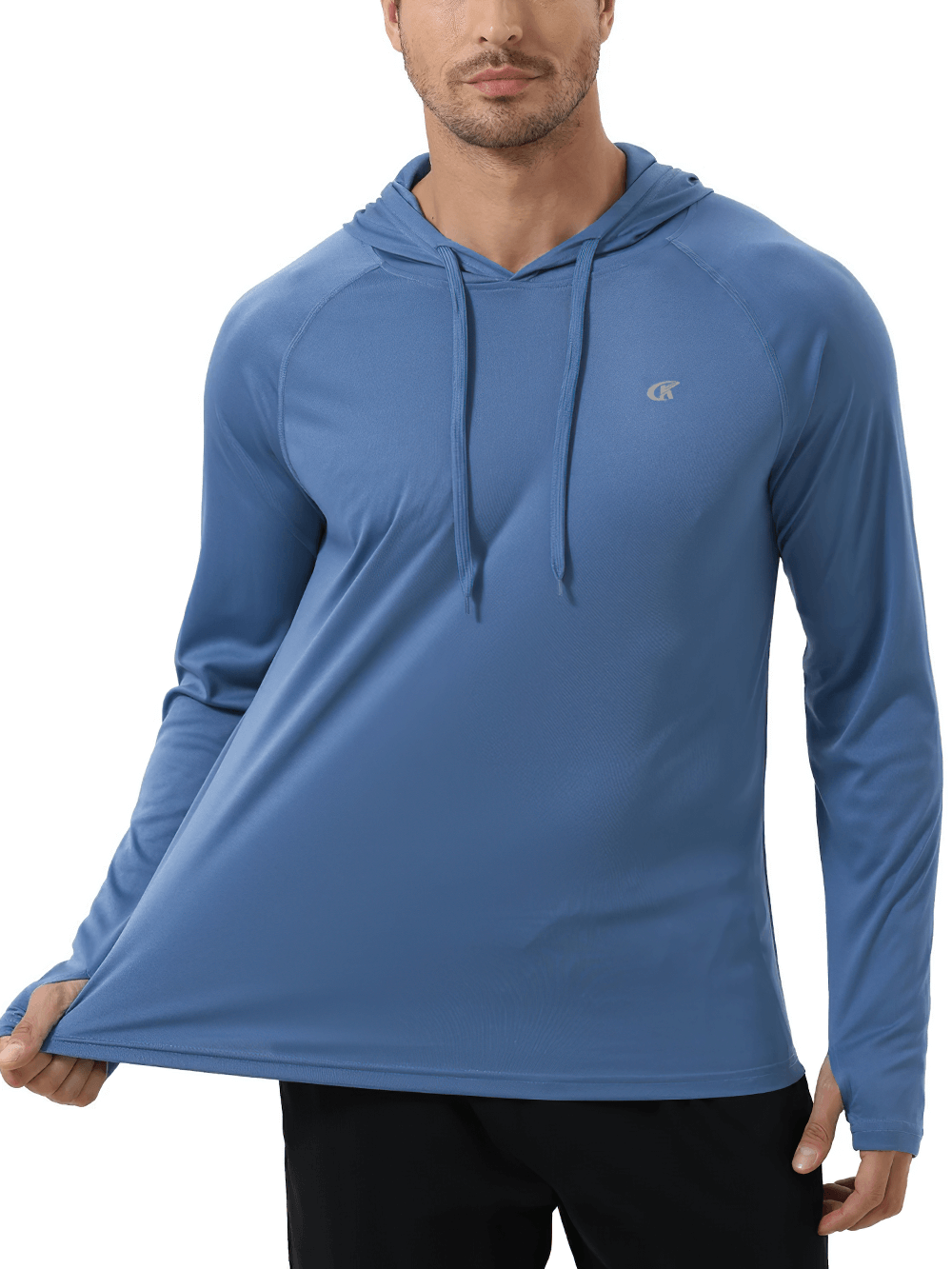 Men’s Quick Dry Athletic Top - Long Sleeve Hooded - Blue, UPF 50+, Lightweight for Outdoor Activities