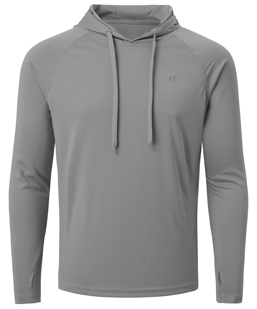 Men's quick dry hooded athletic top in gray with long sleeves and UPF 50+ protection, perfect for outdoor activities and casual wear.