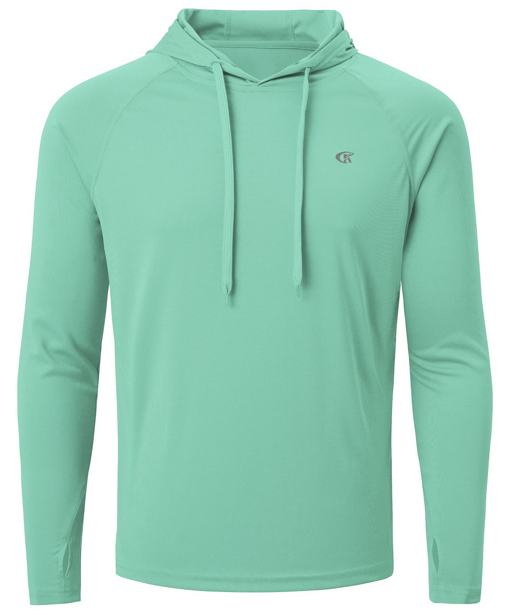 Men's long sleeve hooded quick dry athletic top in light green with UPF 50+ protection.