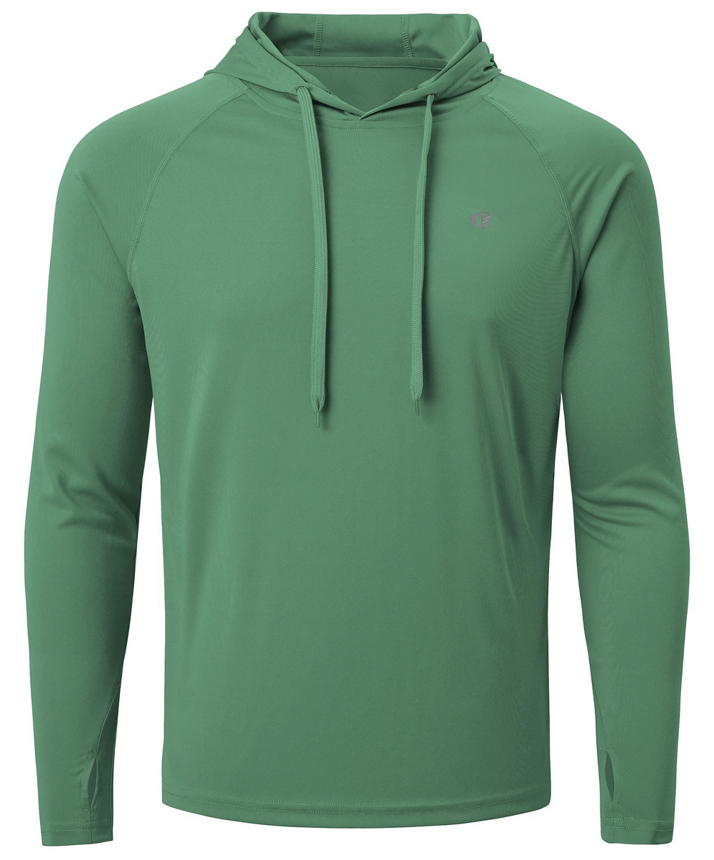 Green men's long sleeve hooded athletic top with quick-dry fabric, ideal for outdoor activities and casual wear, offering UPF 50+ protection.