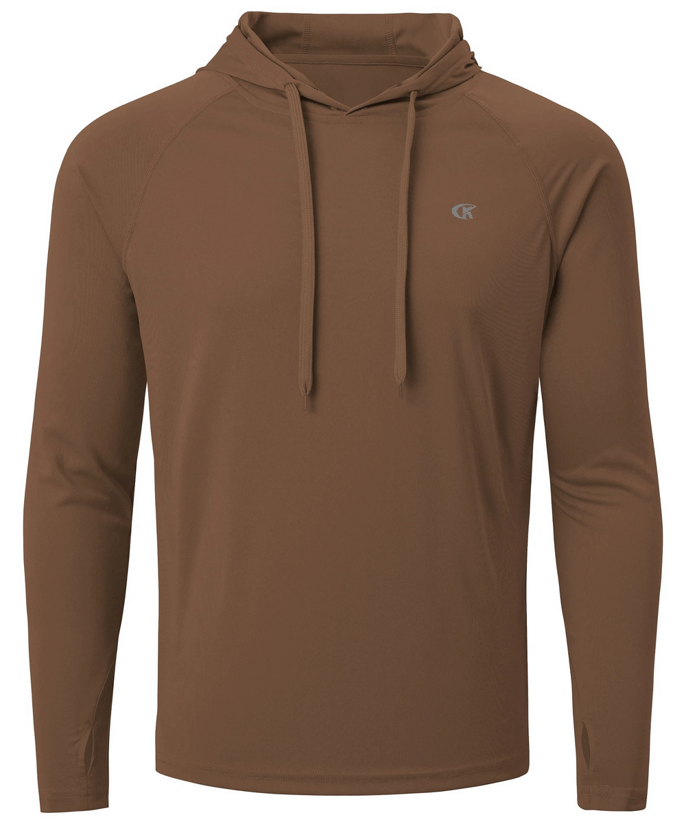 Men’s long sleeve hooded quick dry athletic top with UPF 50+ protection in brown. Ideal for outdoor activities and casual wear.