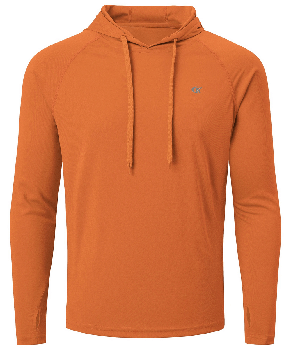 Men's orange long sleeve hooded quick dry athletic top, UPF 50+ protection, ideal for outdoor activities and casual wear.