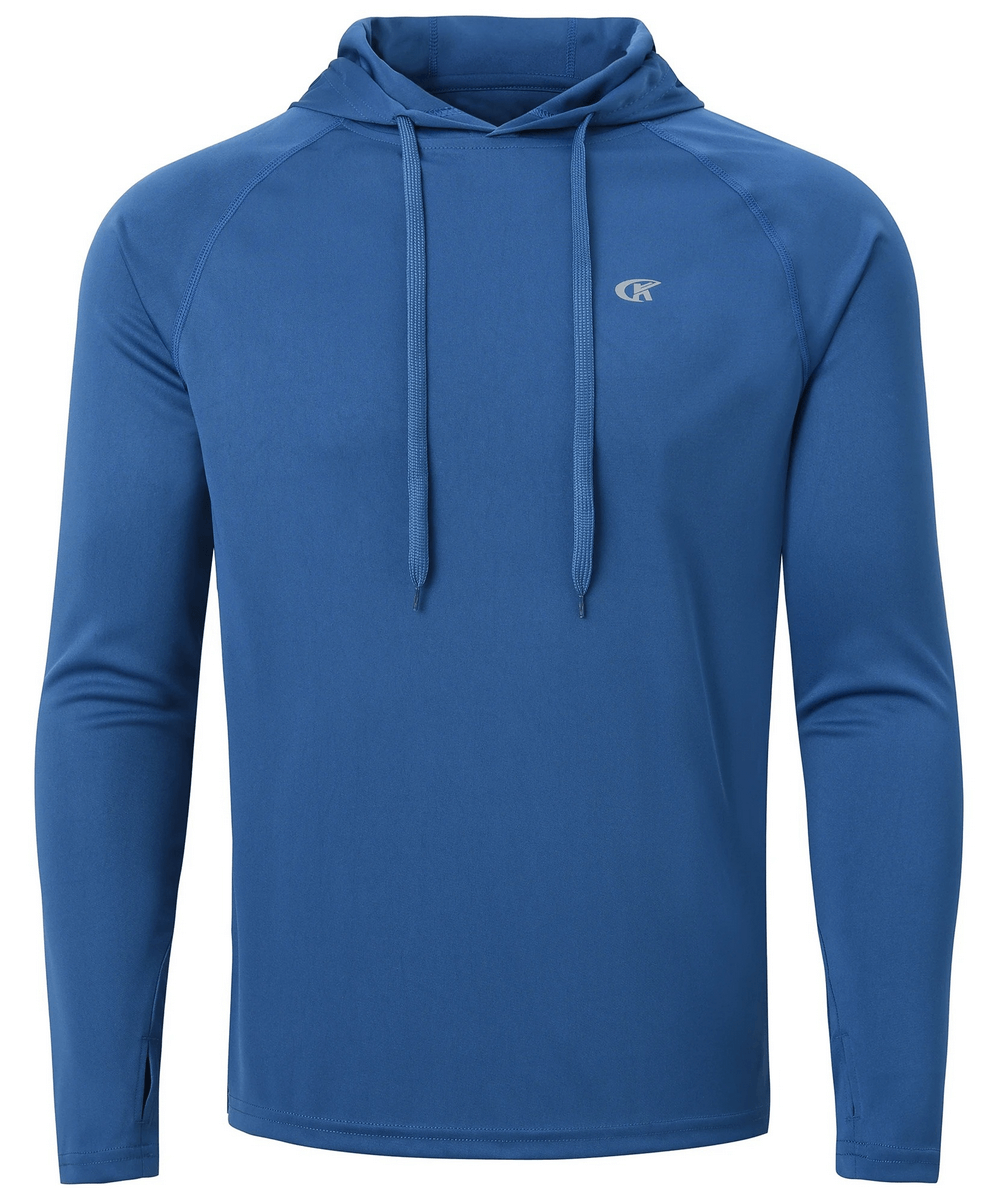 Men's blue long sleeve hooded quick-dry athletic top SF2544, UPF 50+ protection, perfect for workouts, hiking, and casual wear.