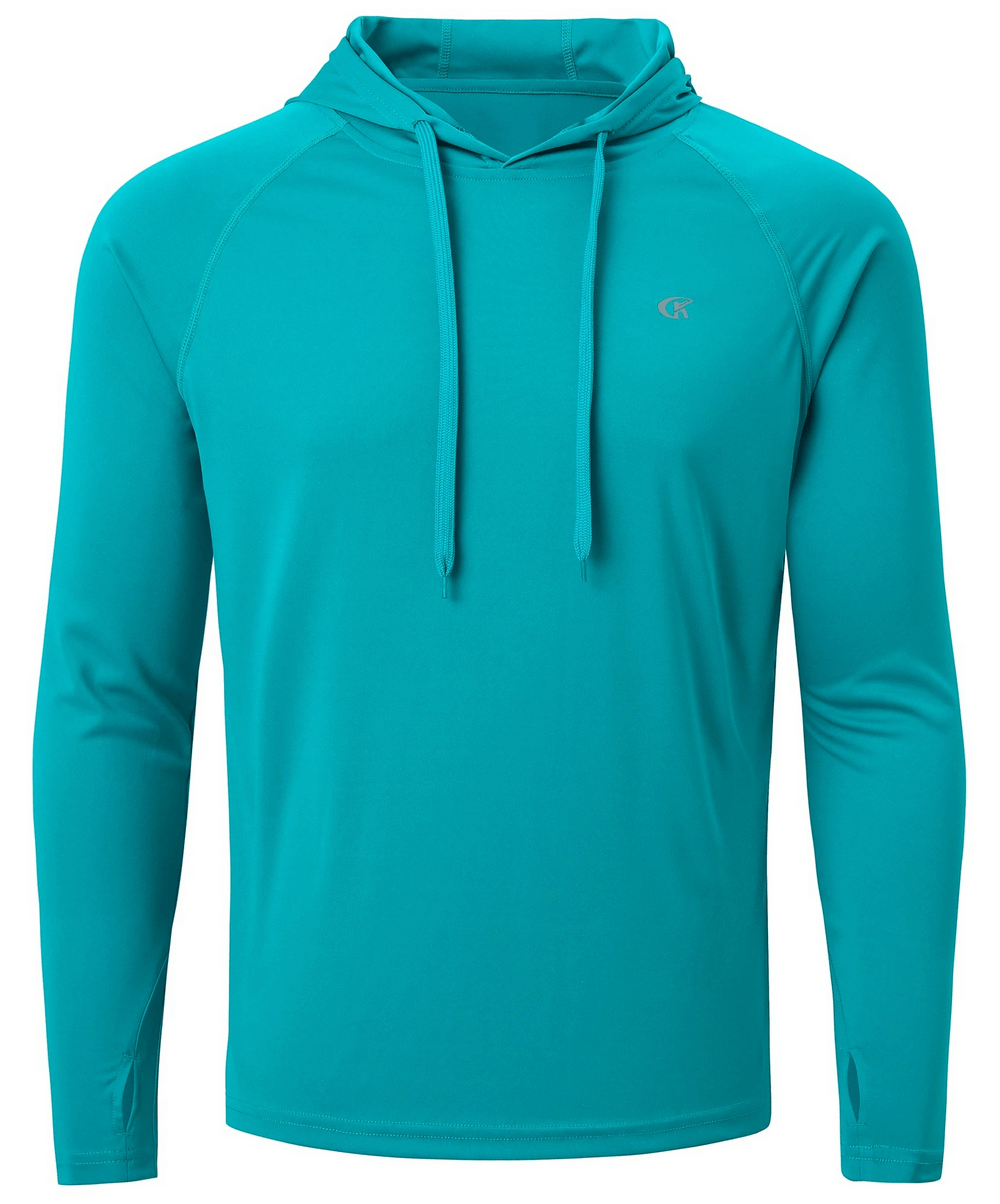 Men's teal long sleeve hooded quick dry athletic top with UPF 50+ protection, perfect for outdoor activities and casual wear.