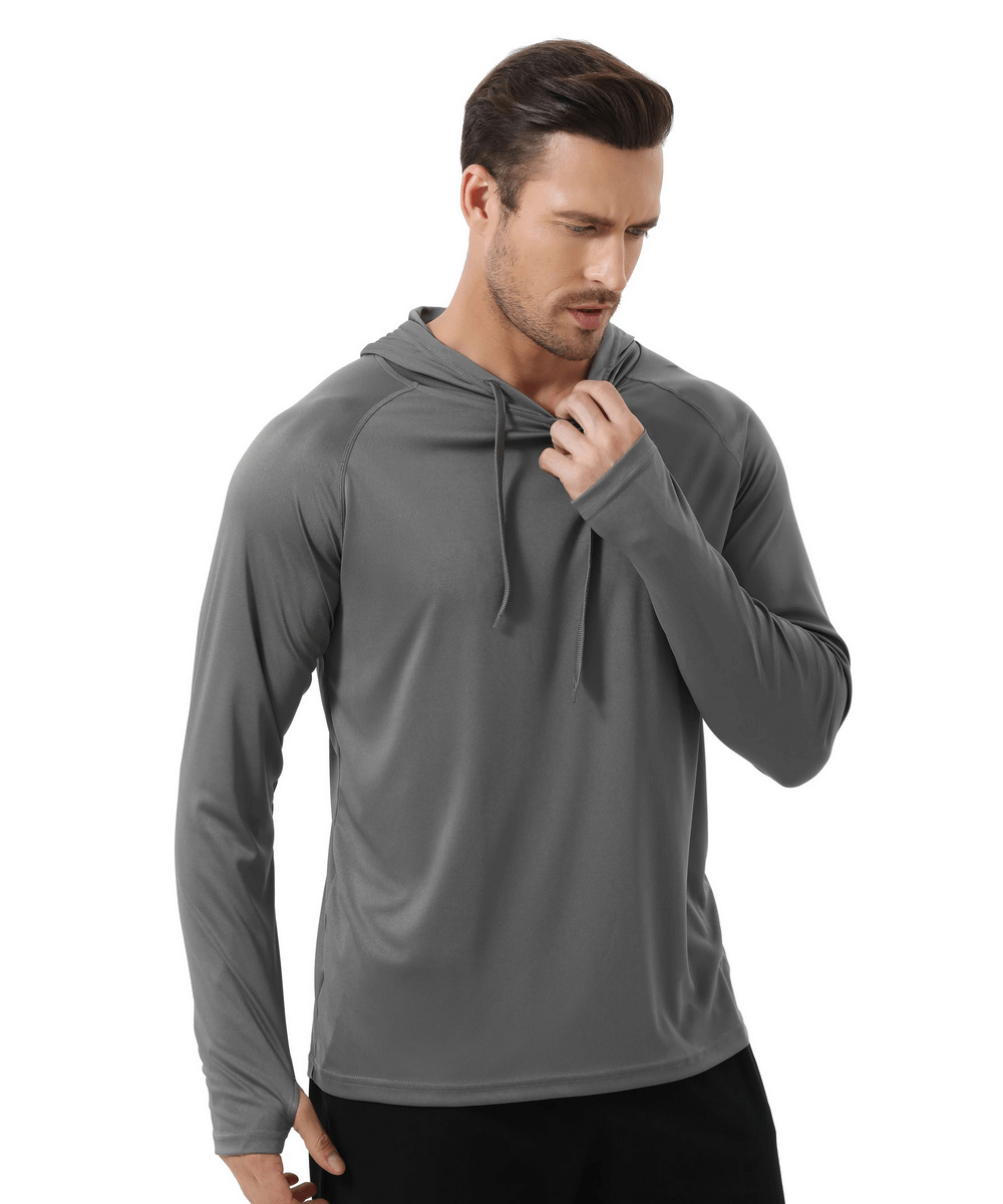 Men’s Long Sleeve Hooded Quick Dry Athletic Top SF2544 in gray, featuring UPF 50+ sun protection, ideal for outdoor activities.