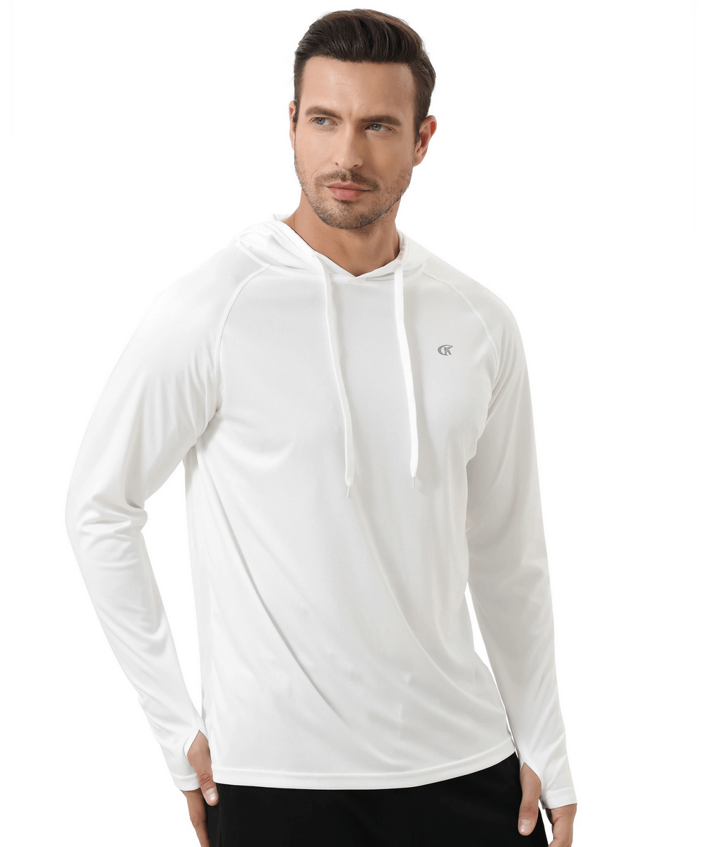 Men's white long sleeve hooded quick dry athletic top with UPF 50+ protection; perfect for outdoor activities and casual wear.