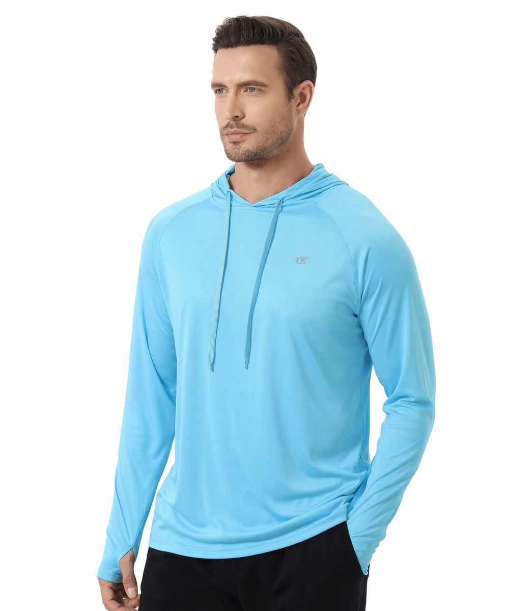 Men's blue UPF 50+ quick dry hooded athletic top, perfect for outdoor activities. Lightweight polyester long sleeve shirt.