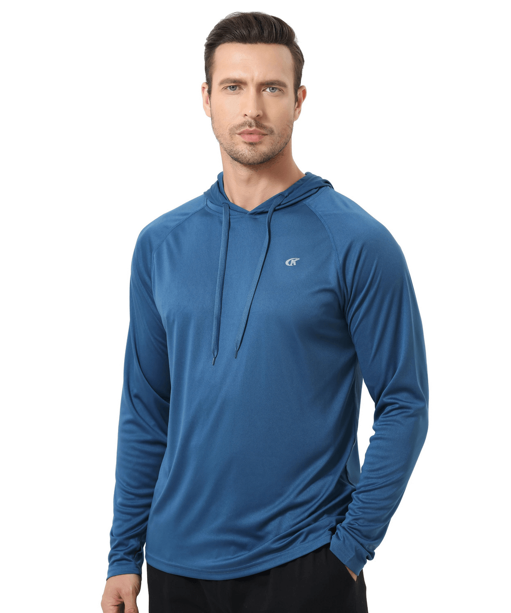 Man wearing a blue men's long sleeve hooded athletic top, UPF 50+, lightweight and quick-dry, perfect for outdoor activities and casual wear.