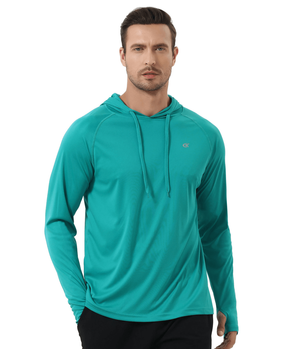 Man wearing a turquoise men's long sleeve quick dry athletic hoodie with UPF 50+ protection, ideal for outdoor activities and casual wear.