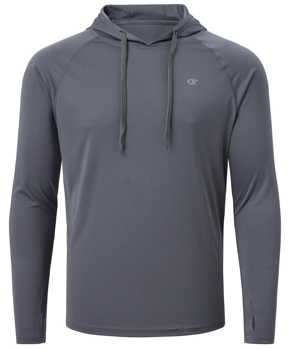 Men’s gray long sleeve hooded quick dry athletic top with UPF 50+ protection, ideal for outdoor activities and casual wear.