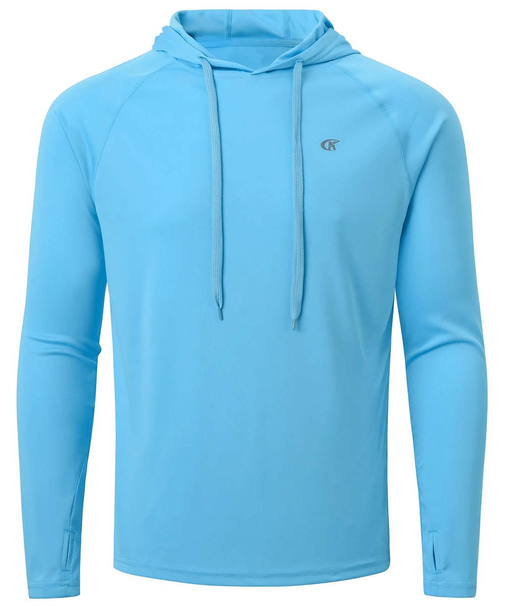 Men's long sleeve blue hooded quick dry athletic top with UPF 50+ for outdoor wear.