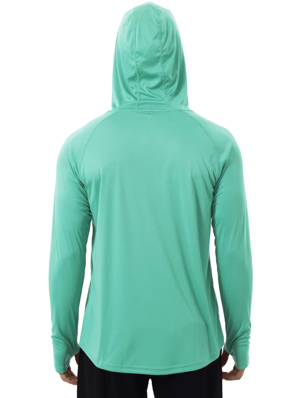Back view of men's teal long sleeve hooded quick dry athletic top with UPF 50+ protection, ideal for outdoor activities and workouts.