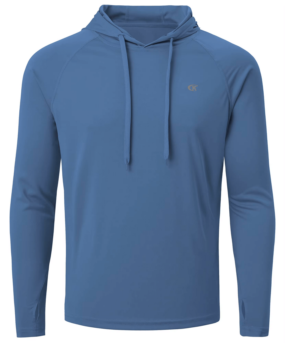 Men’s blue quick-dry long sleeve hooded athletic top with UPF 50+ protection, ideal for outdoor activities and casual wear.