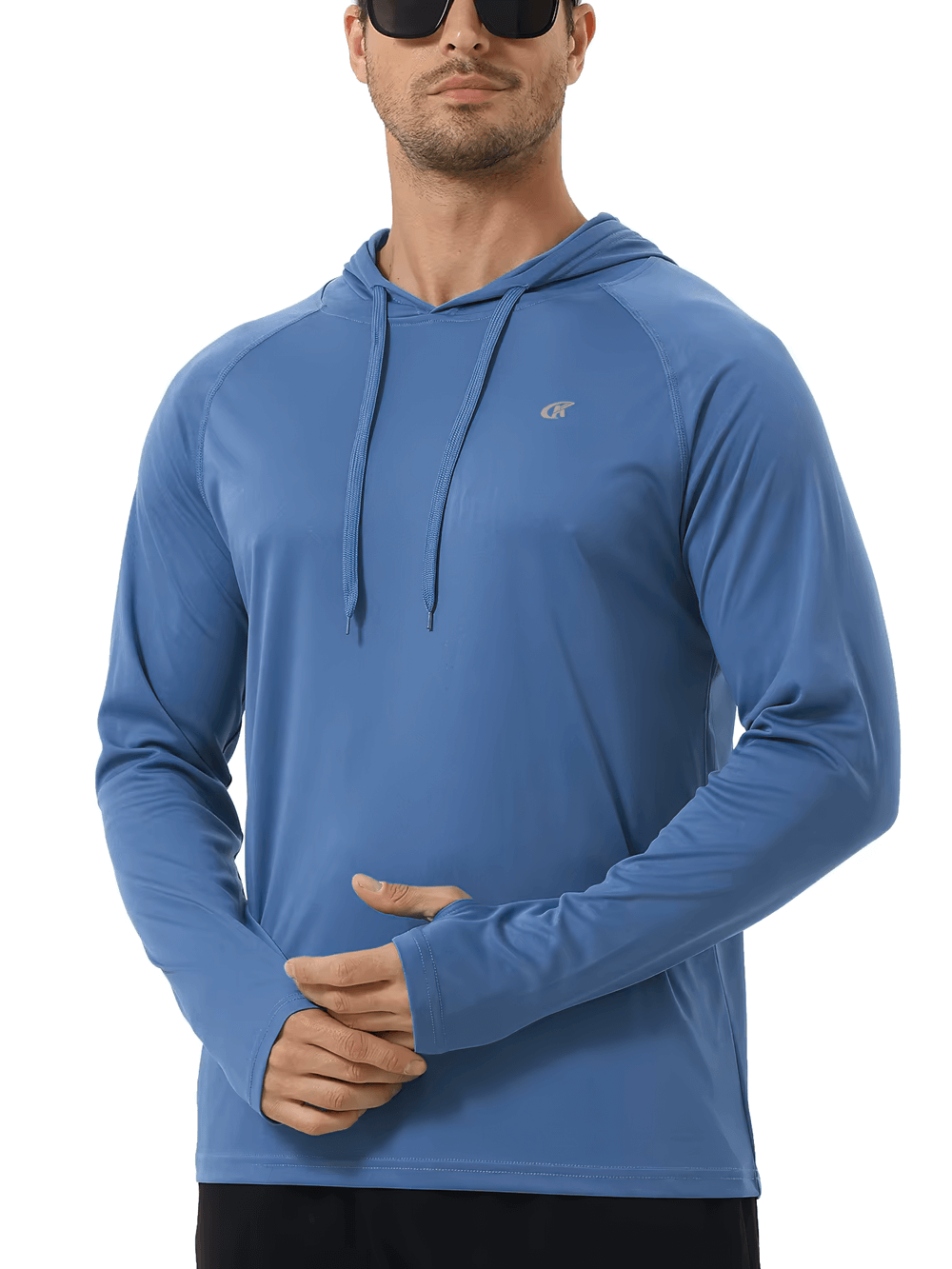 Men's blue long sleeve hooded quick dry athletic top with UPF 50+ protection, ideal for outdoor activities and casual wear.