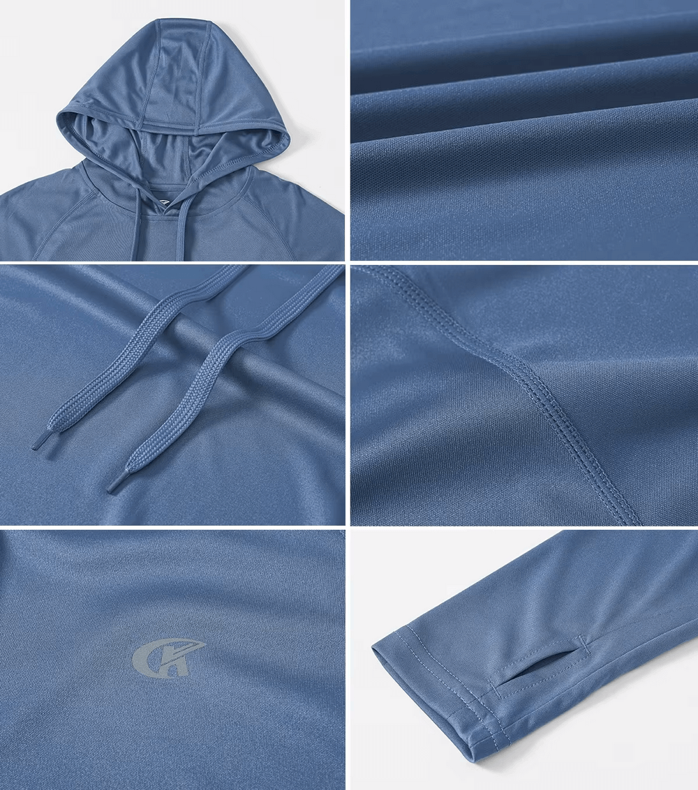 Close-up details of blue men’s long sleeve hooded quick dry athletic top with UPF 50+ protection, showing fabric and logo.