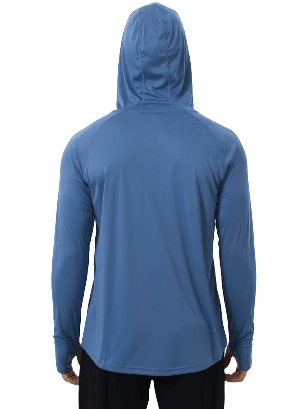 Back view of men's long sleeve hooded quick dry athletic top in blue, perfect for outdoor activities with UPF 50+ protection.