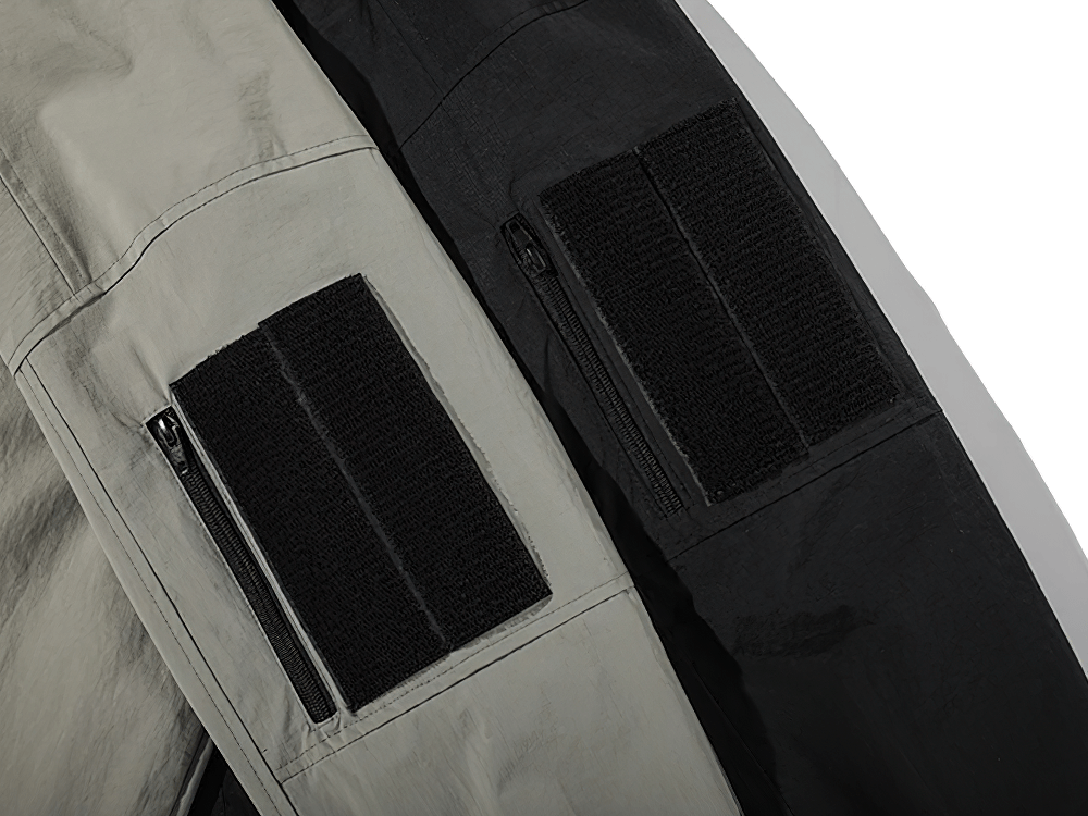 Close-up of Men’s Stand Collar Jacket with Pockets, SF2264, in black and grey, showcasing velcro strap and zippered design.