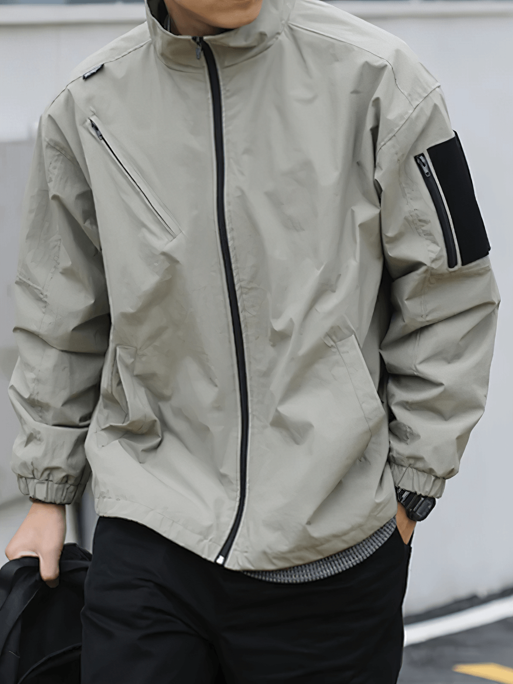 Men's loose-fit stand collar jacket SF2264 with pockets, durable polyester, ideal for outdoor activities. Stylish and versatile.